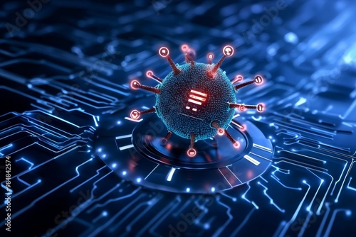 Botnet virus spreading across networks, illustrated in a minimalist style with symbols representing digital infection photo