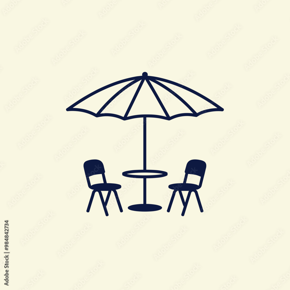 Minimalist illustration of two chairs and a table under an umbrella on a beige background. Minimalist illustration of two chairs and a table under an umbrella on a beige background.