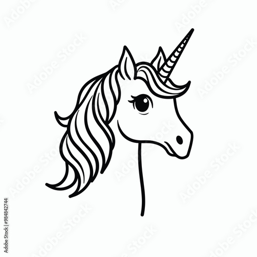 Simple black outline drawing of a unicorn head with wavy mane and a single horn against a white background.