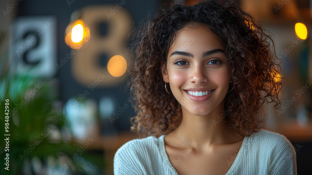 A young woman with curly brown hair smiles brightly. A young woman with curly brown hair smiles brightly.