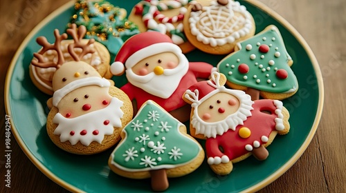 A plate of holiday cookies shaped like Santa Claus, reindeer, and Christmas trees, decorated with colorful icing.