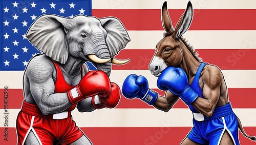 The American political conflict is a struggle between the elephant and the donkey in the political boxing ring photo