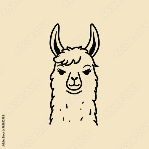 Black and white illustration of a llama with a detailed facial expression on a beige background.