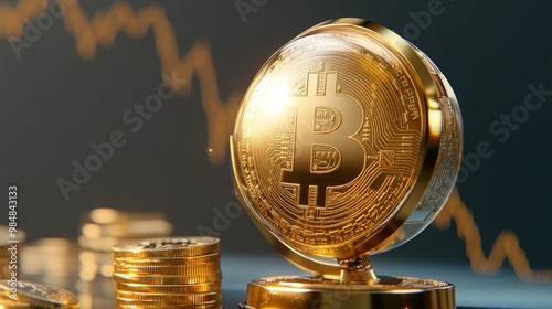 A golden Bitcoin globe stands on a base, surrounded by stacks of gold coins, with a graph in the background, symbolizing global cryptocurrency, financial growth, digital currency, investment, and weal photo