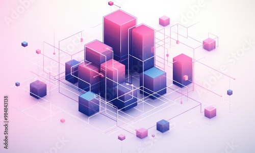 Abstract geometric design with connected cubes and lines in pink and blue colors on a white background.