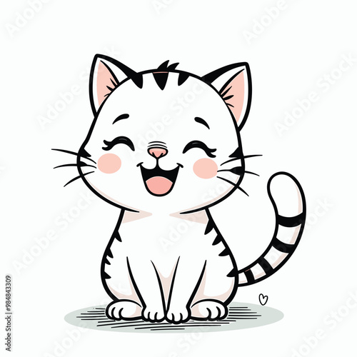 Adorable cartoon kitten with a happy expression and blushing cheeks, sitting on a light green patch.