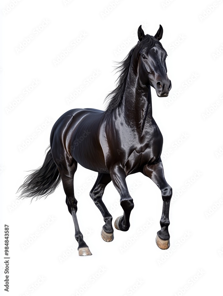Obraz premium A stunning black Friesian horse, captured in mid-stride, showcasing its elegance and power. The horse's flowing mane, muscular build, and graceful movement make it a captivating sight.