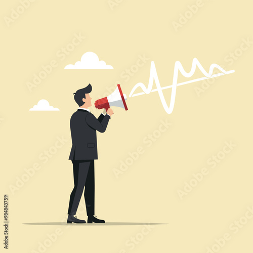 Illustration of a man in a suit using a megaphone with sound waves emitting in a minimalist setting.