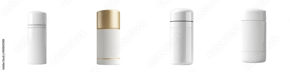 The image features four sleek, modern containers with minimalist designs, showcasing a white palette and subtle variations in caps. The image features four sleek, modern containers with minimalist designs, showcasing a white palette and subtle variations in caps.