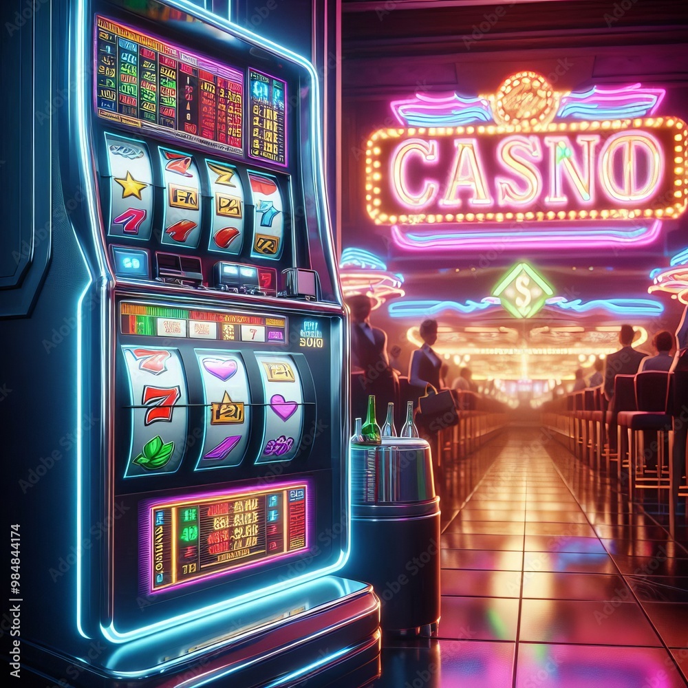 A futuristic casino scene featuring a neon-lit slot machine in the foreground. The vibrant colors and glowing signs create an exciting and immersive atmosphere, ideal for capturing the thrill of A futuristic casino scene featuring a neon-lit slot machine in the foreground. The vibrant colors and glowing signs create an exciting and immersive atmosphere, ideal for capturing the thrill of