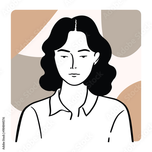 Illustration of a young woman with shoulder-length black hair wearing a collared shirt on a patterned background.