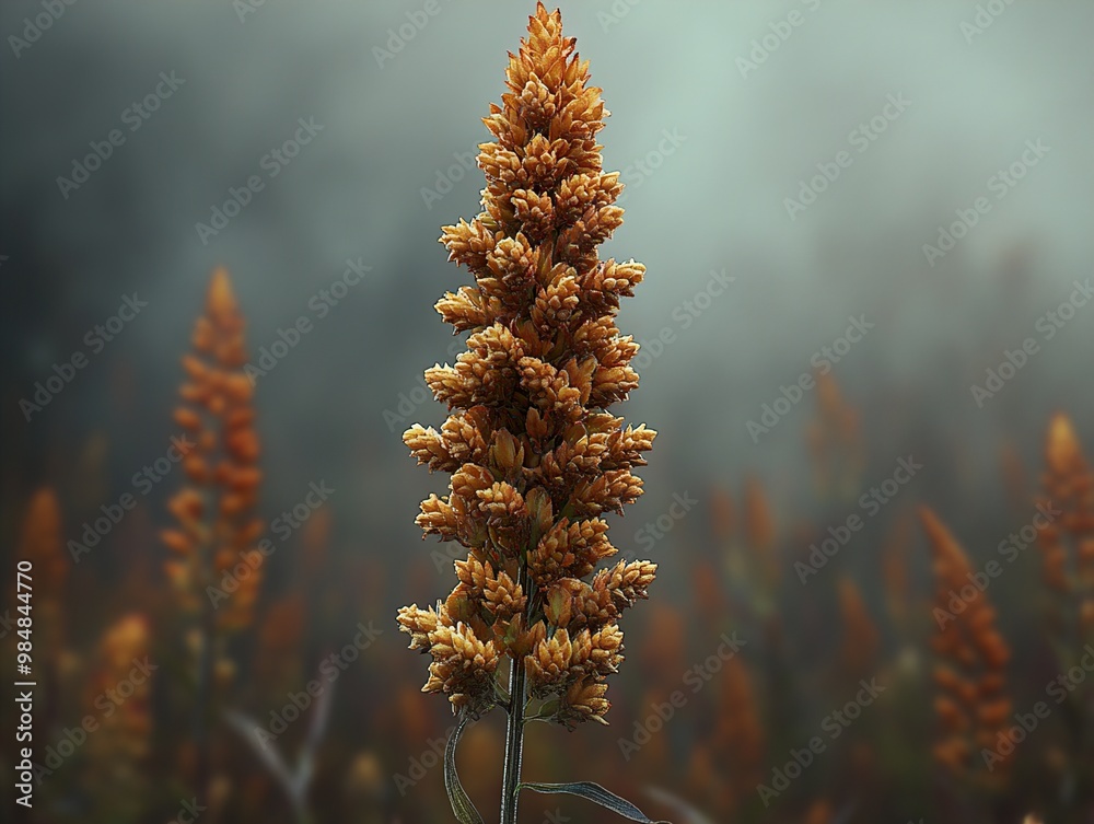 Golden Flower Field in Fog: A Close-Up View Golden Flower Field in Fog: A Close-Up View