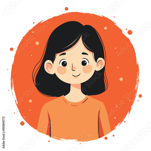 Smiling young girl with short black hair against an orange background, illustrated in a cute style.