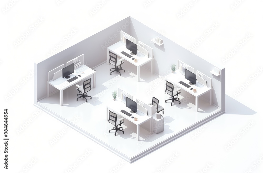 Isometric view of an office with four workstations, each with a computer, desk, chair, and plants. Isometric view of an office with four workstations, each with a computer, desk, chair, and plants.