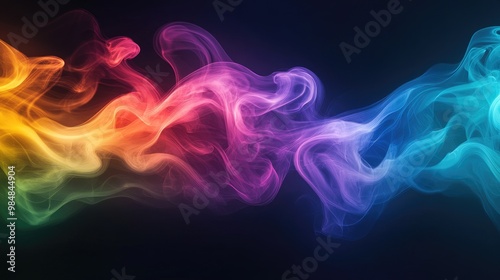 A dynamic scene of rainbow-colored smoke trails, creating a vivid and playful atmosphere, with the colors blending and flowing in fluid motion.