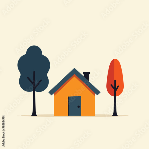 Minimalist illustration of a yellow house with two trees on either side, set against a light background.