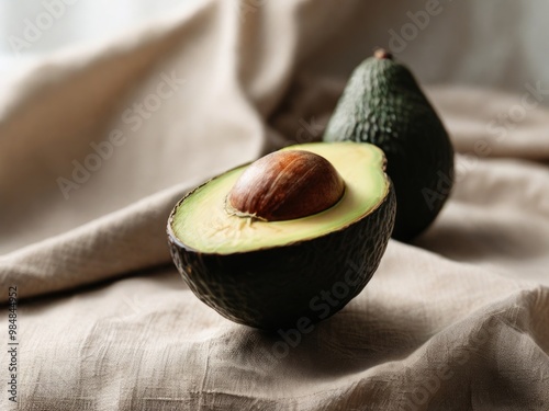 A half avocado with the pit still intact, resting on a folded linen cloth, with neutral tones and a natural light source.