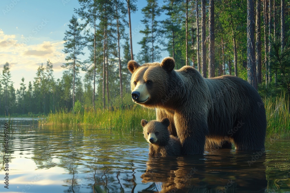 Mother bear and cub standing by a forest lake at sunrise, surrounded by trees, AI Generation Mother bear and cub standing by a forest lake at sunrise, surrounded by trees, AI Generation