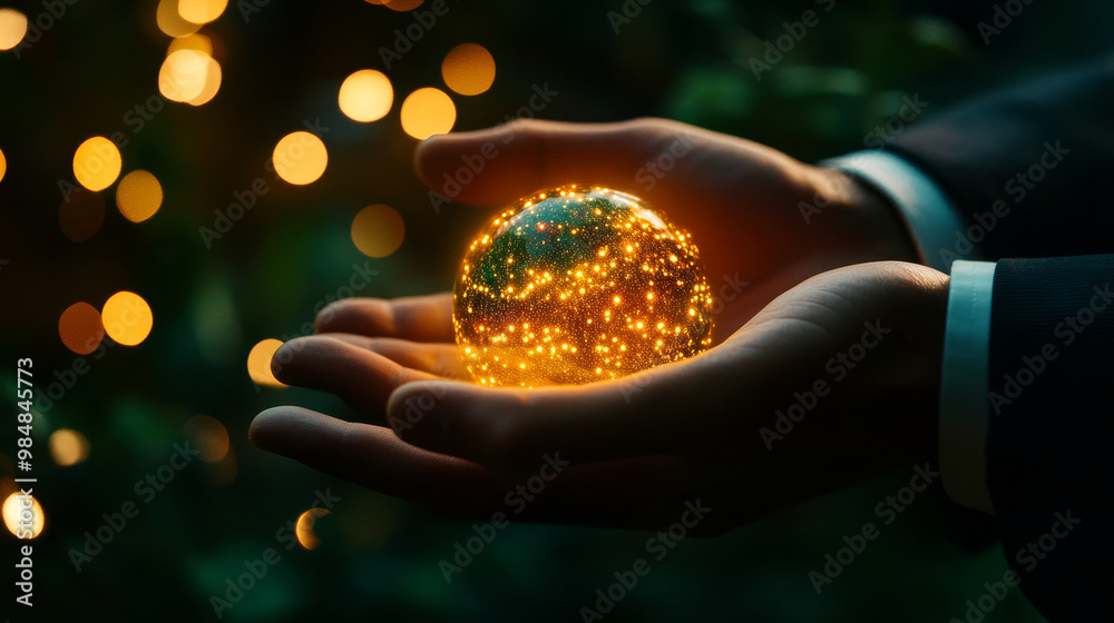 Businessman Holding a Hologram of a Glowing Earth symbolizes sustainability, innovation, technology, progress, and future. Businessman Holding a Hologram of a Glowing Earth symbolizes sustainability, innovation, technology, progress, and future.
