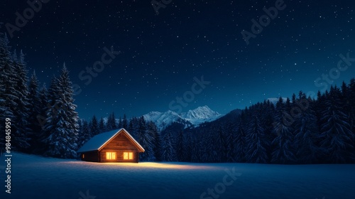 A cozy wooden cabin glows with warm light against the backdrop of a snowy mountain range and a starry night sky. The scene evokes feelings of peace, tranquility, and winter wonderland. photo