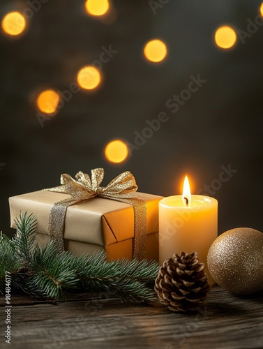 A warm holiday scene with a lit candle, a gift box with a gold ribbon, pine needles, a wooden table, and warm bokeh lights in the background. This image evokes feelings of warmth, joy, and celebration