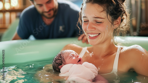 Water birth. Home birth. A woman cradles a newborn baby wrapped in a towel while sitting in a birth pool. Her husband is next to her, smiling and sharing in the joyful moment.