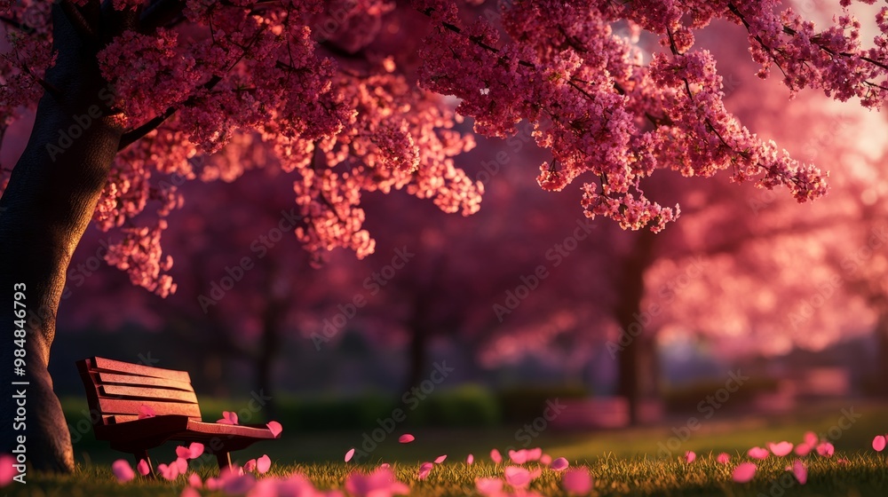 Φωτογραφία A solitary bench sits beneath a canopy of vibrant cherry blossoms, symbolizing tranquility, nature's beauty, spring awakening, and the simple pleasures of life