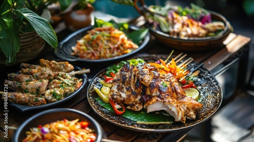 A festive outdoor dining setup with plates of som tam and grilled chicken, accompanied by traditional Thai side dishes, showcasing a lively and colorful meal. photo