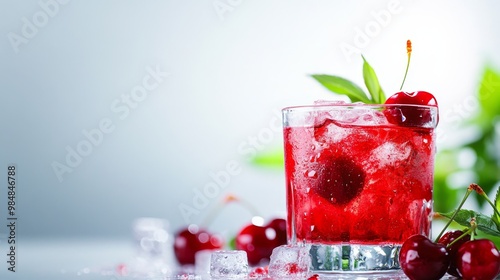 A chilled glass of cherry juice with ice and fresh cherries, perfect for a hot summer day. The vibrant red color and refreshing taste are sure to quench your thirst. photo