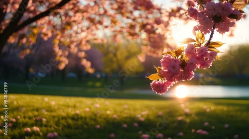 A tranquil scene showcasing the beauty of spring with delicate cherry blossoms in full bloom, bathed in the warm glow of a setting sun. This image symbolizes nature's beauty, new beginnings, tranquili photo