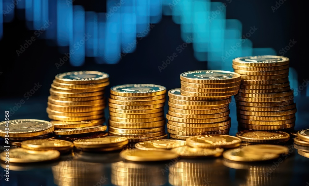 Stacks of gold coins against a blurred stock market chart. Stacks of gold coins against a blurred stock market chart.
