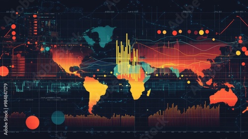 A financial heatmap combined with trend lines  visualizing key sectors  performance during market shifts  and highlighting areas of growth and decline in a global economy.