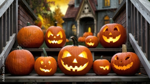 Decoratively carved pumpkins arranged on steps of a house, illuminated with warm lights during a fall evening in October