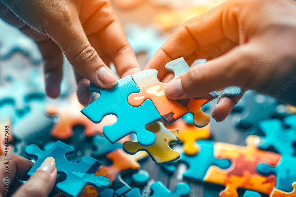 A group of people putting a piece of jigsaw puzzle together A group of people putting a piece of jigsaw puzzle together