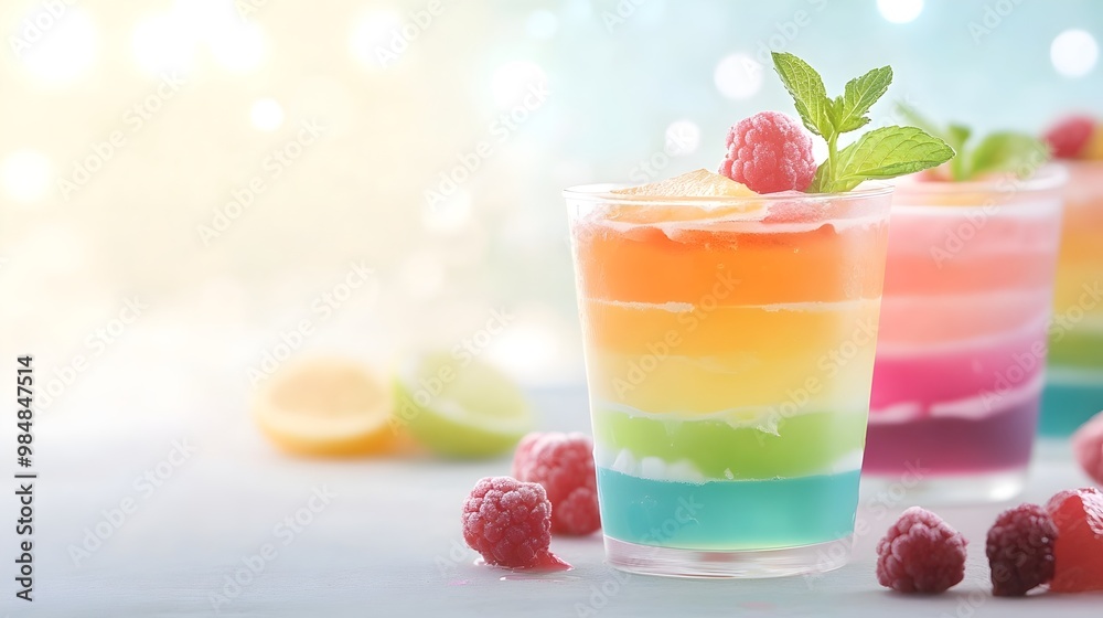 Rainbow Jell-O Delight Whimsical Dessert Cups with Fresh Fruit and Mint Leaves on a Festive Tablecloth for Nostalgic Childhood Joy Rainbow Jell-O Delight Whimsical Dessert Cups with Fresh Fruit and Mint Leaves on a Festive Tablecloth for Nostalgic Childhood Joy