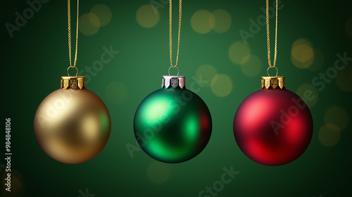 Elegant gold, green, and red Christmas ornaments hanging against a deep green background with bokeh lights