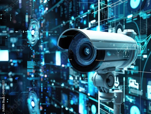 Advanced Surveillance Technology Concept with High-Definition CCTV Camera in a Futuristic Interface Environment