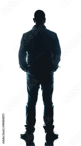 A silhouette of a man standing with his back to the camera. The image is in black and white and has a minimalist style.