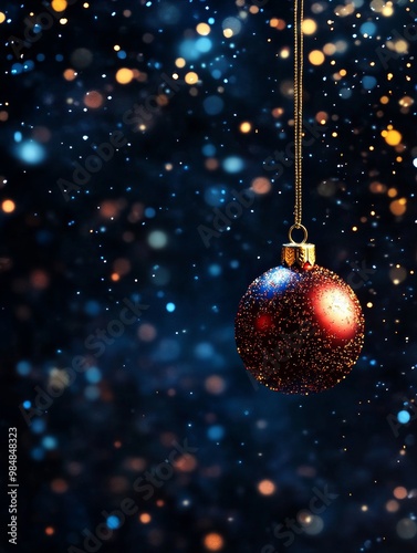 A single, shiny Christmas ornament hangs against a backdrop of twinkling blue and gold bokeh, creating a festive and magical atmosphere. The image evokes feelings of celebration, wonder, and the joy o