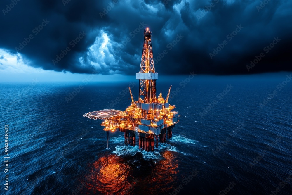 Obraz premium Oil rig in the middle of the ocean, with a stunning abstract stormy sky and dark water