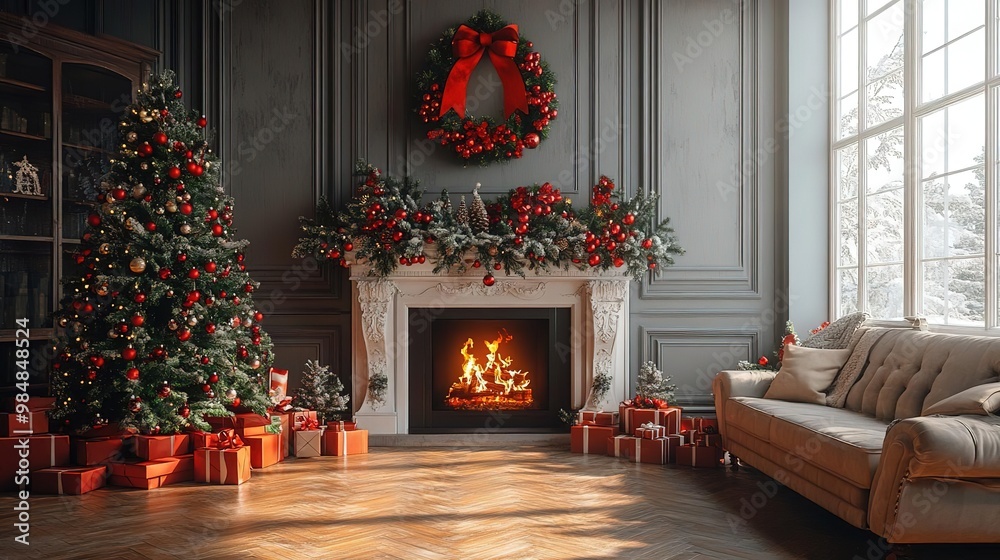 Cozy Christmas living room with a decorated tree, a warm fireplace, and festive gifts creating a joyful holiday atmosphere. Cozy Christmas living room with a decorated tree, a warm fireplace, and festive gifts creating a joyful holiday atmosphere.