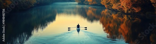 A serene scene of a lone rower gliding through calm water amid vibrant autumn foliage, reflecting tranquility and nature's beauty.