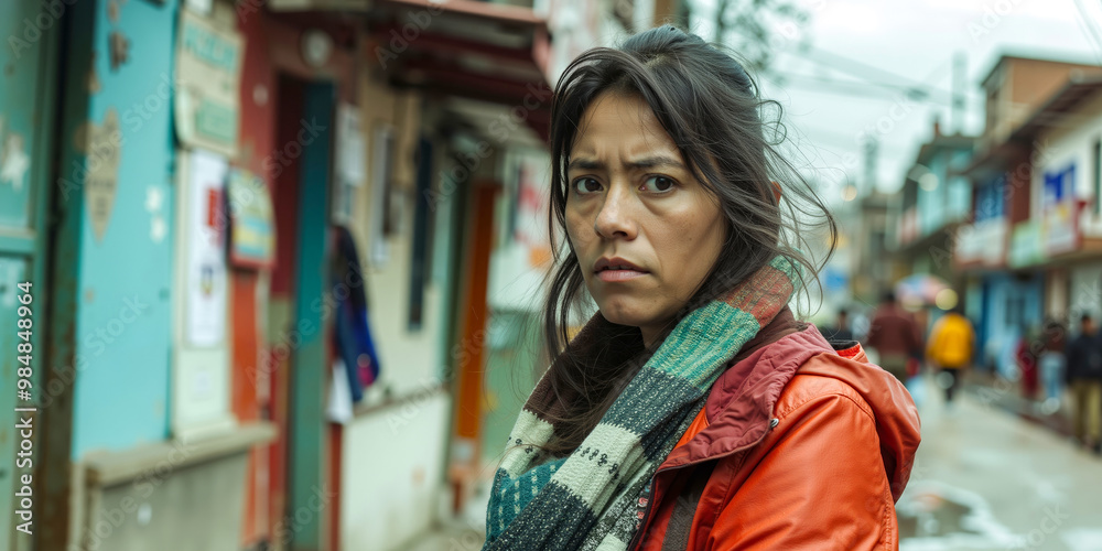 A woman in a red jacket standing on a city street A woman in a red jacket standing on a city street