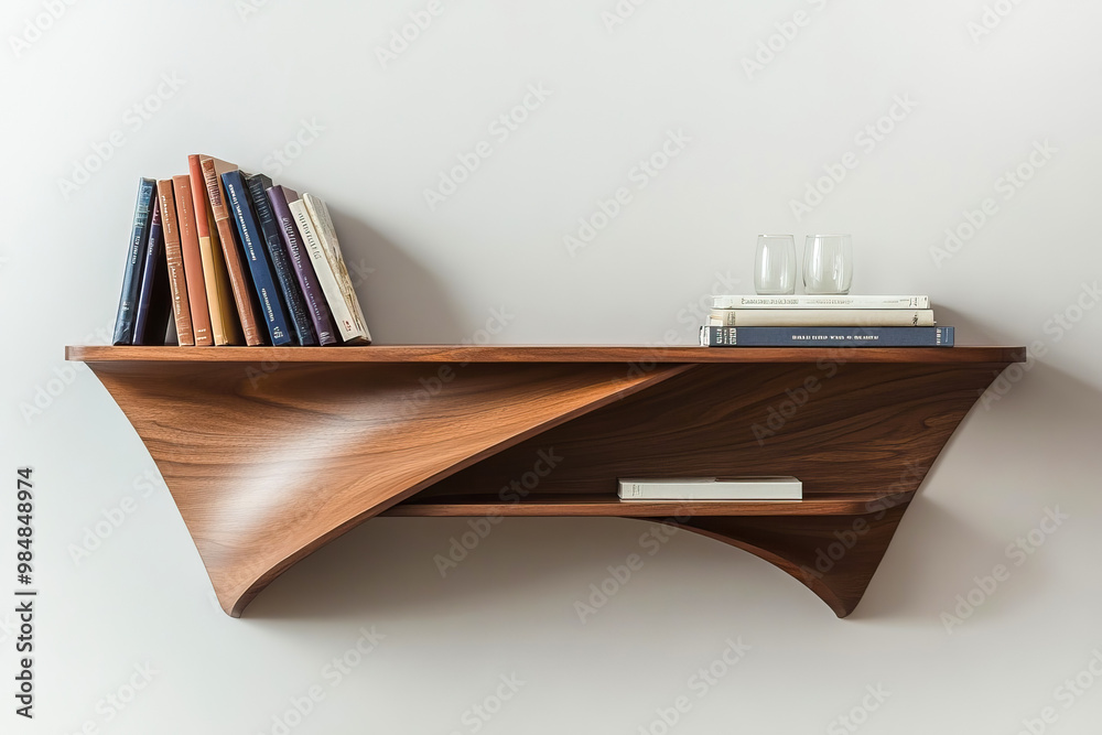 wooden shelf with books against a light wall wooden shelf with books against a light wall