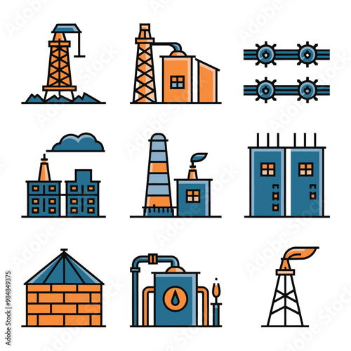 illustrations vector icon for oil and gas industry refinery process and building 
