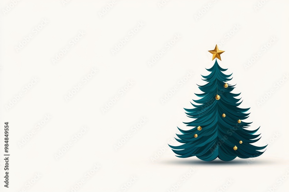 Obraz premium Minimalist icon of a Christmas tree with a golden star on top and ornaments. Perfect for winter holidays, festive celebrations, and greeting cards.