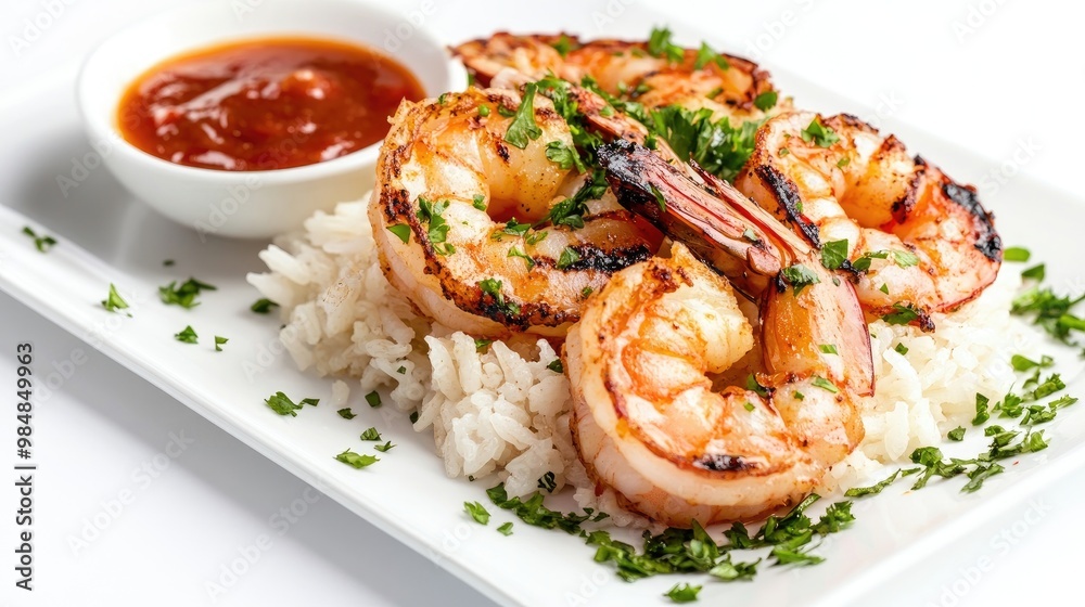 A gourmet presentation of grilled shrimp on a bed of rice, with a side of dipping sauce and garnished with fresh herbs, against a clean white background. A gourmet presentation of grilled shrimp on a bed of rice, with a side of dipping sauce and garnished with fresh herbs, against a clean white background.