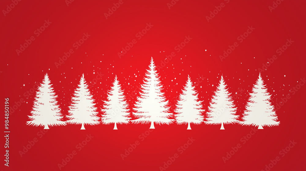White silhouettes of Christmas trees with snowflakes on a bright red background, ideal for festive designs White silhouettes of Christmas trees with snowflakes on a bright red background, ideal for festive designs