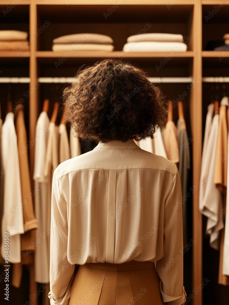 Woman standing in a well-organized closet, with clothes on hangers. She is contemplating her wardrobe choices. Woman standing in a well-organized closet, with clothes on hangers. She is contemplating her wardrobe choices.