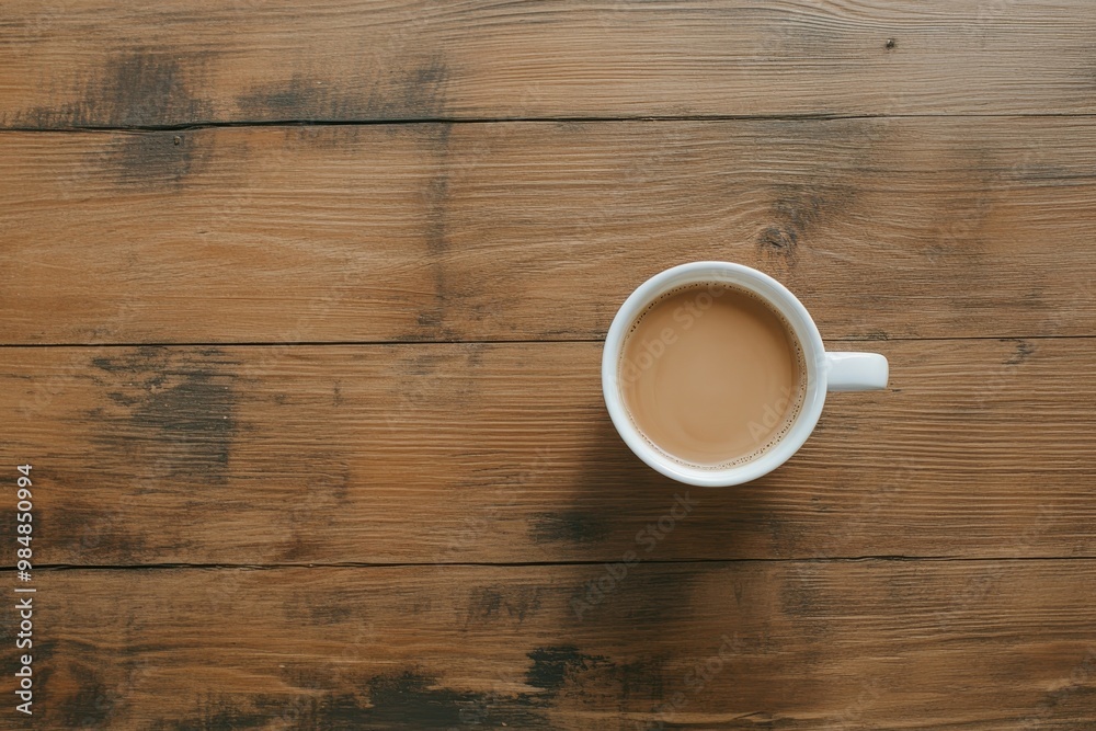 A top view of a cup of coffee on a rustic wooden table, representing warmth, simplicity, and a moment of peace. A top view of a cup of coffee on a rustic wooden table, representing warmth, simplicity, and a moment of peace.